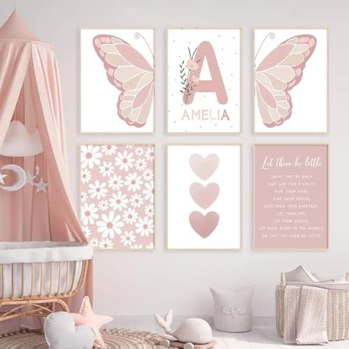 Generisch 6 Bilder Babyzimmer Personalisiert Wandbilder Kinderzimmer Name Poster Mädchen Rosa Boho Poster Baby Schmetterling Blumen Sprüche Leinwand 21x30 cm ohne Rahmen