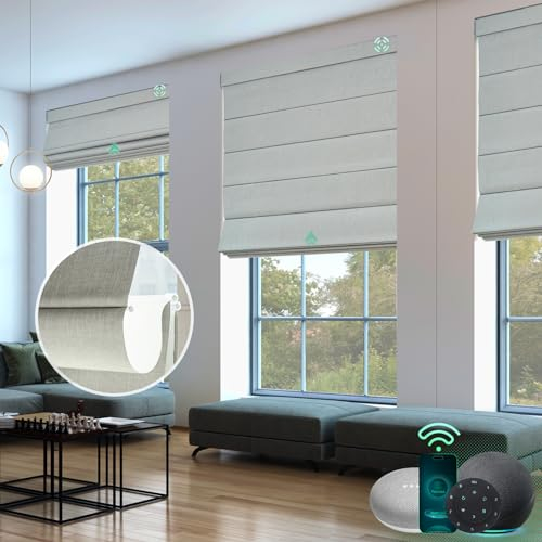 Yoolax Elektrisches Raffrollo mit Fernbedienung,Smart Raffgardine mit Bohren,Fensterrollo Innen Alexa Google Home Kompatibel, Nach Maß(Nebelweiß)