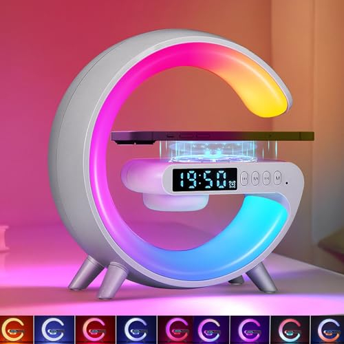 PZJFH Neue Tischlampe, Lampe Mit Ladefunktion Mit Ladefunktion, Dimmbare Nachttischlampe Mit Umgebungslicht, Tischlampe Kabellos Mit Bluetooth-Lautsprecher, Wake-Up-Light-Wecker, Uhr