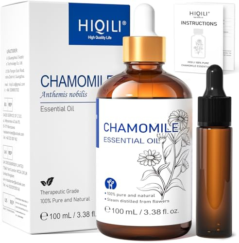 HIQILI Huile essentielle camomille – peau, cheveux, diffuseur, bougies DIY | Pour peau et cheveux, parfume l'espace, ambiance agréable, compatible avec bases savons – 100 ml / 3.38 fl oz