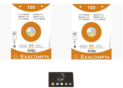 2 Hüllen mit je 100 Karteikarten, A5, kariert, perforiert, 5 verschiedene Farben + 1 Blumie Klebe-Index (2 A5-Hüllen)