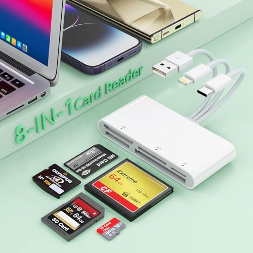 5 in 1 Multi Memory Card Reader Adapter for iPhone/MacBook/Andriod, SD/TF/CF/MS/XD Card Reader Universal Reader XD Picture Card Reader with Lightning/USB/USB-C Reader for Motorola/iPhone 15/Samsung