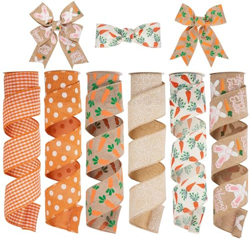 6 Rollen 30 Yard Osterband Osterei-Verpackungsband, Oster-Geschenkband für den Osterstrauß, Osterei Haarbänder Hase Satinband Geschenkband Schleifenbänder, Bänder für Party-Ei-Dekoration