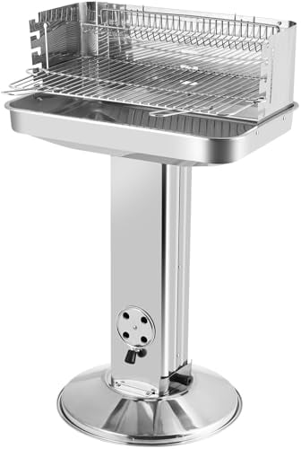 Holzkohlegrill edelstahl,Säulengrill,BBQ-Grill für Camping, Strand, Garten, Party,inkl 5-fach höhenverstellbarem Grillrost, Lüftungsregler,Aufbewahrungskorb, und Aschekasten, 57 * 38 * 89.5cm