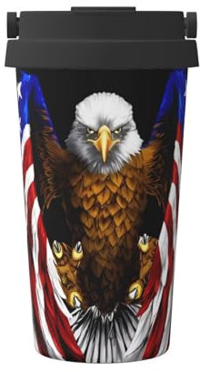 Kingww Reisefreundlicher isolierter Kaffeebecher mit USA-Flagge, Patriotischer Adler, mit einziehbarem Griff, fasst bis zu 500 ml