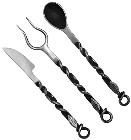 Lord of Battles Set di posate rustiche vichinghe | Confezione di coltello, forchetta e cucchiaio medievali con custodia in vera pelle | Set di mangime forgiato a mano