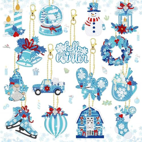 GADITIEK 15 Stück Diamond Painting Weihnachten Deko, Double-Sided Schneemann 5D Diamond Painting Schlüsselanhänger Basteln, Weihnachtsbaum Anhänger Diamond Painting Set für Erwachsener & Kinder