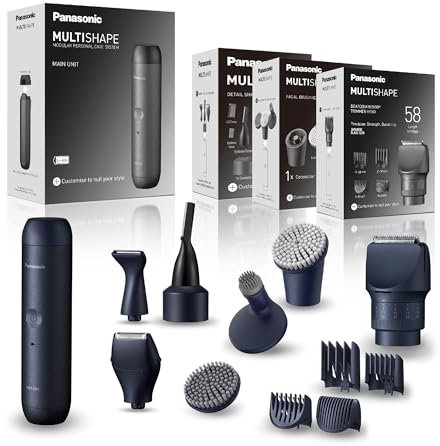 Panasonic MULTISHAPE ER-CBL1, ER-CFB1, ER-CDT1 & ER-CTW1 Set, Hauptgerät für MULTISHAPE, Gesichtsreinigungsbürste, Detail-Rasier-/Trimmkopf-Aufsatzset, Bart- und Haartrimmermit Li-Ionen-Akku, Schwarz