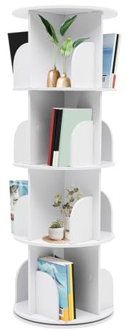 SUONTY Drehbares Bücherregal 360 Grad, 4 Ebenen 16 Fächer, Standregal, Drehregal, Büroregal, Dekoregal, Lagerregal, für Wohnzimmer Schlafzimmer Büro Kinderzimmer, weiß