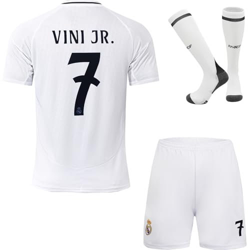 Rawdem Madrid Kids Home 2024/2025#7 Vini Jr. Edition Home Football Jersey Shorts Socks Gift Set Youth Sizes (White, 26)