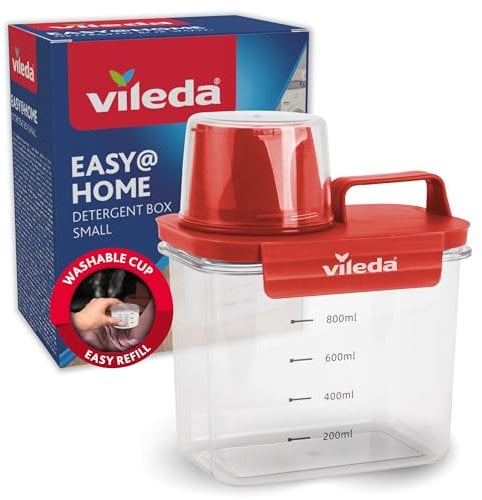 Vileda Caja de detergente 1100 ml rojo - Práctico almacenamiento para detergente en polvo - Incluye vaso medidor para una dosificación precisa - Hermética y ahorra espacio