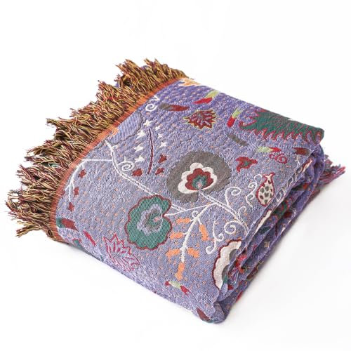 Wotcsil Plaid Coperta Floreale Boho in Cotone per Divano Coperta Singolo Boho Copriletto Chic Motivo a Foglie Floreali Copridivano Con Frange, Viola, 150x200cm