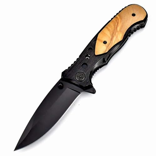 Joa Couteau de poche militaire multifonction pliant en métal - Petit couteau d'extérieur EDC, couteau tanto pocket pliant, noir, bois, cadeau pour homme
