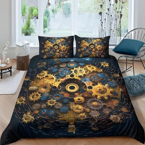 Bettwäsche Retro-Metallgetriebe 3D Druck Bettwäsche Set Mikrofaser Weiche Bettbezug 3 Teilig Bettbezüge Mit Reißverschluss Und 2 Kissenbezug - Atmungsaktiv Bequem Und Pflegeleicht 90X1-49846195561113