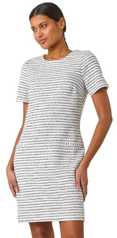 Roman Originals Textured Pocket Stretch Shift Dress for Women UK - Ladies Everyday Autumn Winter Round Neckline Comfy Soft Evening Vacation Work Party Night Out - Ivory - Size 16