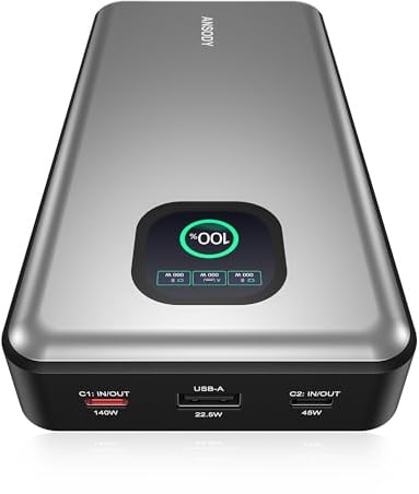 ANSODY 140W Powerbank, 25.000mAh Laptop Power Bank mit intelligenter Digitalanzeige, PD3.1 Schnellladeakku für MacBook Dell XPS iPad Tablet Steam Deck iPhone 17–12 Serie Switch(Silber)