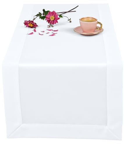 invitta Tischläufer Classic Elegance Schneeweiß 50x130 cm, Uni Glatt Elegant mit 5 cm Kuvertsaum Fleckabweisend mit Lotuseffekt 100% Polyester, O5 H200 2000