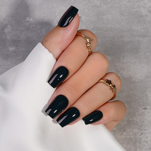 KQueenest Black Press on Nails Short Medium Square, Short False Nails with Glue, Glossy Solid Dark Black Fake Nails Press ons, Natural Fit, Coffin Reusable Gel Stick on Nail for Women 28 Pcs