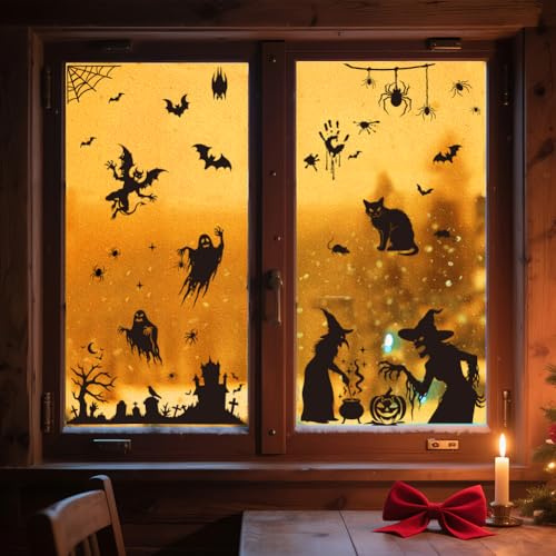ANATTASOUL Fensterbilder Doppelseitig Hexengeist und Katze Halloween Fensterdeko Wiederverwendbar Fenstersticker Blickdichter Fenster Aufkleber Deko Herbst Winter für Wohnzimmer Badezimmer