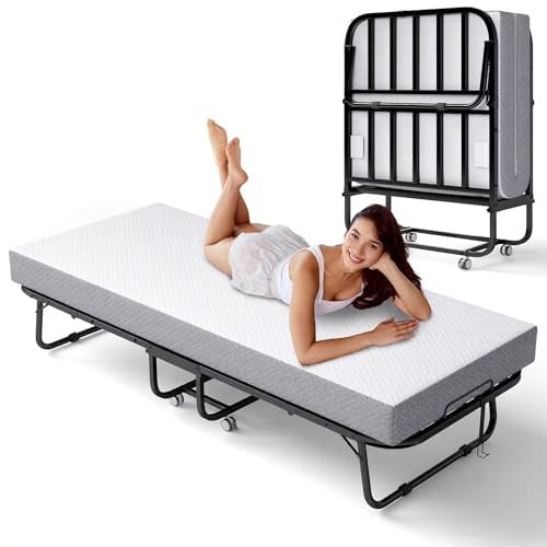 Decofy Folding Bed with Memory Foam Mattress, Portable Rollaway Guest Beds on Wheels, 75x31 Twin Size Space-Saving Cot-Size Bed for Adults with Easy Assembly Metal Frame (White)