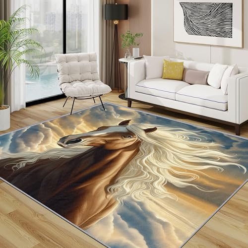 TerroVee Pferd Teppich Schlafzimmer, Braune Pferde Teppich 120x170 cm, Western Tiere Waschbar Kurzflor Antirutsch Teppiche Für Wohnzimmer Schlafzimmer, Braun