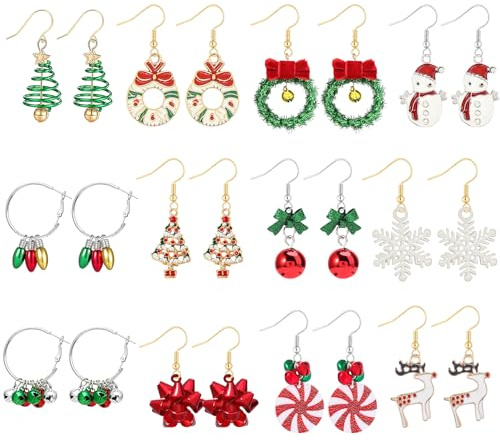 Forbabe 12 Teiliges Ohrringe Weihnachte Earring Set Damen Weihnachtsohrringe Baumeln und Hängende Ohrstecker Weihnachten Accessoires Baumeln Ohrringe Set für Frauen