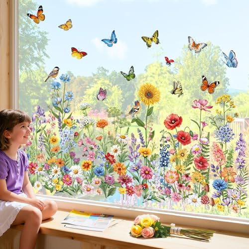 decalmile Fensterbilder Blumen Frühling Anti-Kollision Fensteraufkleber | Statische Anti-Kollision Fensterdeko, Beidseitiger Druck, auf Beiden Seiten klar Sichtbar, Wasserdicht, Abnehmbar