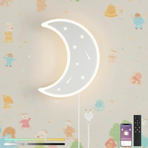 LED Wandleuchte Innen mit Fernbedienung APP Smart 14W Nachtlicht Dimmbar Kinderzimmer Wandlampe, 3000K-6000K, Einstellbar Helligkeit, Timer, Nachttischlampe mit Stecker für Babyzimmer Mond Lampe, Weiß