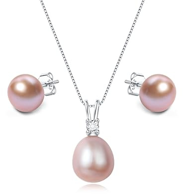 YAMI Perlenschmuckset für Damen, 9,5–11 mm AAAA Süßwasser-/Salzwasserperlenkette und 8–8,5 mm Perlenohrringe, Perlenohrringe Silber 925, Ideal für Geschenke