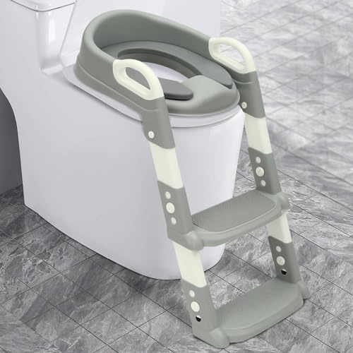 Toilettensitz Kinder mit Treppe & Toilettenaufsatz Kinder - Töpfchentrainer Faltbar Toilettentrainer Höhenverstellbar, Toiletten-Sitz für Jungen Mädchen Baby (Grau)
