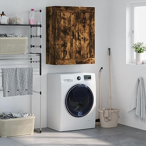 JHQHSM Armoire murale en bois de chêne fumé 69,5 x 34 x 90 cm avec 3 compartiments et 2 portes pour espace de rangement, armoire murale avec poignées en aluminium noir, résistante à l'humidité