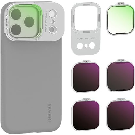 NEEWER ND Filter Set kompatibel mit iPhone 17 Pro Max Hülle (PA134), Neutraldichtefilter ND8/16/32/64 + Black Diffusion 1/4 Filter für einen filmischen Nebeleffekt + magnetische Rückplatte, Silber