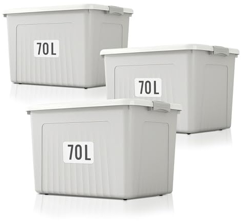 Froppi Storage Boxes - Plastic Storage Boxes with Lid, 3 Pack 70L (Grey)