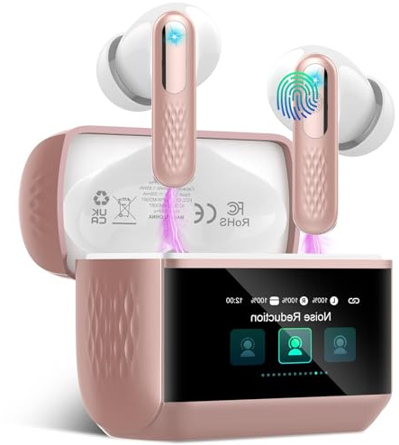 AI Auriculares Traductor en Tiempo Real con Pantalla Táctil LED, 3 en 1 Auriculares Traductores de Idiomas, Rosa Melocotón