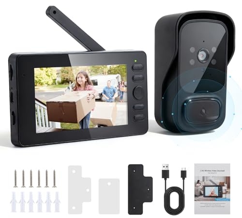 Kabellose Türklingel mit Kamera, wasserdicht, Video-Türklingel, kabellos, 1080P HD IPS 4,3 Zoll, bidirektionales Audio, Infrarot, Nachtsicht, wetterfest, Blickwinkel 120°, 2,4 G WLAN