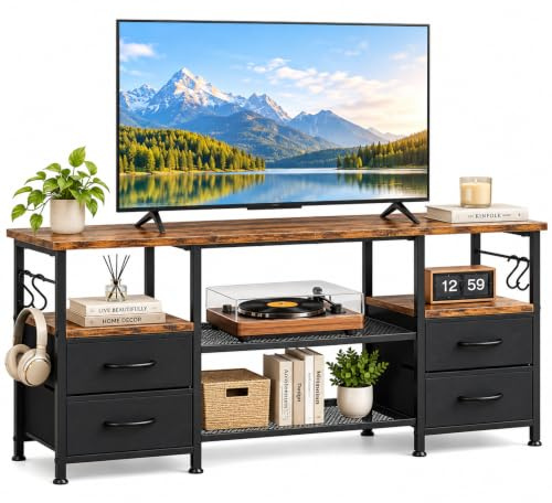 Mueble TV con 4 Cajones,Mesa de TV de hasta 55 Pulgadas de Tela, 120 cm de largo, Apto para TV de 55 Pulgadas, Ideal para Salón, Comedor o Dormitorio, Estructura Metálica, Marrón y Negro, 120x30x50cm