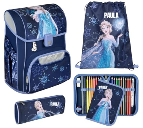 Undercover Schulranzen Set 5-TLG. Mädchen 1. Klasse, Mit personalisiertem Zubehör Turnbeutel Federmappe für Grundschule, Schultasche Frozen ELSA, Blau 19L