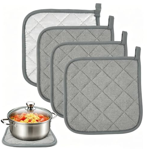 PULCINELLI 4 Pz Presine da Cucina in Cotone 18 x 18cm, Presine per Pentole | Resistenti al Calore, Lavabili e Morbide, Presina Antiscivolo per Teglie, Tappetino Cotone Cucina Multifunzionale - Grigio