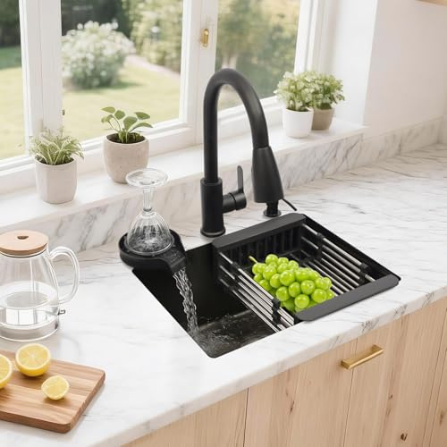 Fregadero de acero inoxidable, negro, 45 x 40 cm, con grifo extraíble y lavavajillas para tazas, fregadero de cocina multifuncional, 1 lavabo, incluye tubo de drenaje, dispensador de jabón, cesta