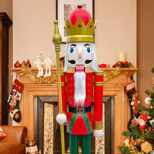 CDL 1,8 m hoch rot Weihnachtsdekoration aus Holz Nussknacker Königs-Ornament auf Ständer, hält goldenes Zepter für drinnen und draußen, Weihnachten/Veranstaltungen/Zeremonien K03