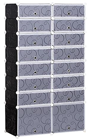 HOMCOM 16 Cube Shoe Rack, 2 x 8 Tier Shoe Storage Cabinet, Modular Plastic Shelves for Bedroom, Living Room and Entryway, Space Saving Footwear Organizer, 32 Pairs, White and Black