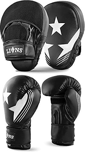 Lions Amateur Fitness Boxing Set Hook & Jab Pads Focus Punch Bag Gloves Target Strike Mitts (White Star, 10oz)