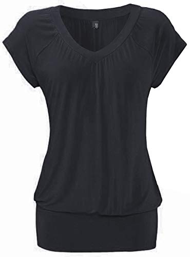 DOTIN Damen T-Shirt V-Ausschnitt Kurzarmshirt Causal Oberteil Falten Tops Stretch Tunika Basic Tee, Schwarz, L