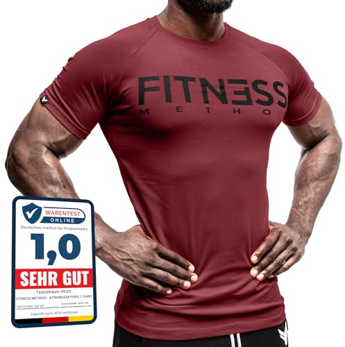Fitness Method, Sport T-Shirt Herren, Slim-Fit Shirt bequem & hochwertig Männer, Rundhals & Tailliert, Training & Freizeit, Gym & Casual Workout Mann, 95% Baumwolle, 5% Elastan, (Weinrot L)