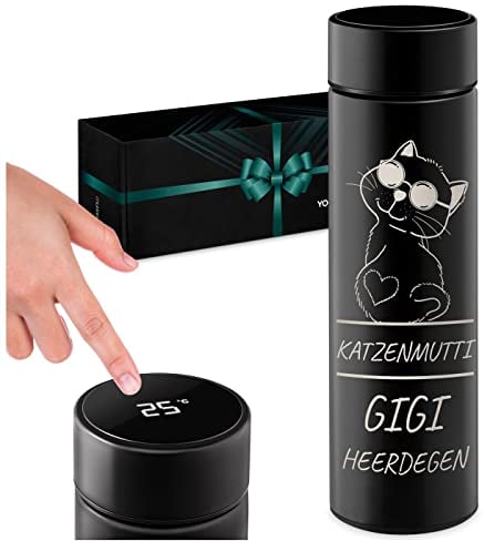 Maverton Thermobecher Kaffeebecher 450 ml - Isolierbecher personalisiert - 100% dicht - Led Temperatur Anzeige - aus Edelstahl - Geschenk für Frauen - Weihnachtsgeschenke - schwarz - Katzenmutti