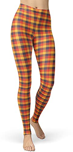 sissycos Damen Plaid Leggings, Tartan Karo Leggins Hosen für Damen, Yoga Mädchen Fashion Stretch Tight Lang (Mapel Leaf Yellow Plaid, S-L)