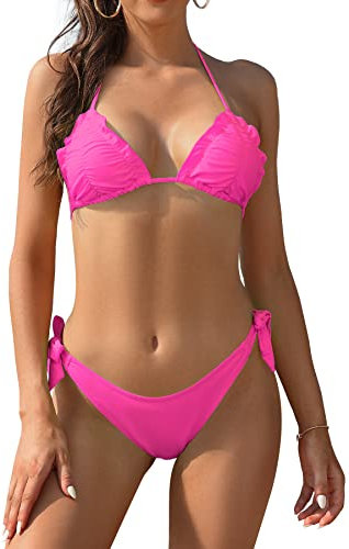 SHEKINI Femme Maillots de Bain Deux Pièces Chic Ruched Halter Réglable Bikini Femme 2 Pièces Brésilien Taille Basse Bas de Bikini de Plage(M,Rose Fluo)