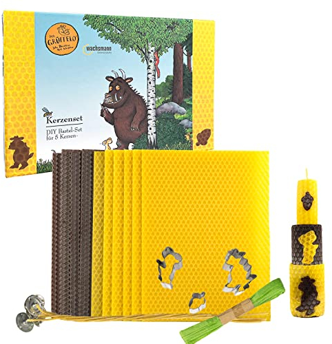 Der Grüffelo Bienenwachs-Kerzen selber Machen, 5-7 Stück - DIY Kerzen Bastel-Set - Kerzen basteln mit Bienenwachs-Platten aus Deutschland + Dochte, Deko-Band & Ausstechformen