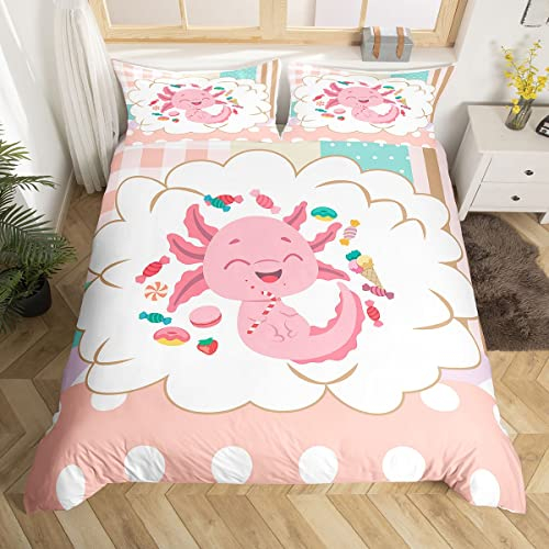 feelingyou Cartoon Axolotl Bettwäsche-Set 135×200,Rosa Süße Fisch Süßigkeiten Bettbezug mit 1 Kissen Sham Trösterbezug für Kinder Jungen,Kawaii Girly Plaid Bettbezug Set Dekorativ 2 Stück