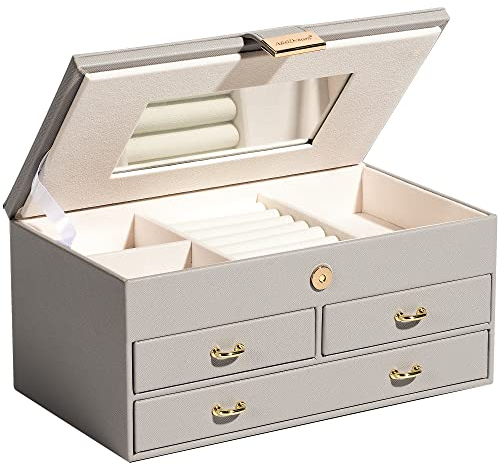 ADEL DREAM Joyero con 2 cajones, organizador de joyas con llave con espejo, estuche de viaje extraíble, para anillos, pulseras, pendientes, forro de terciopelo (gris J11-9)